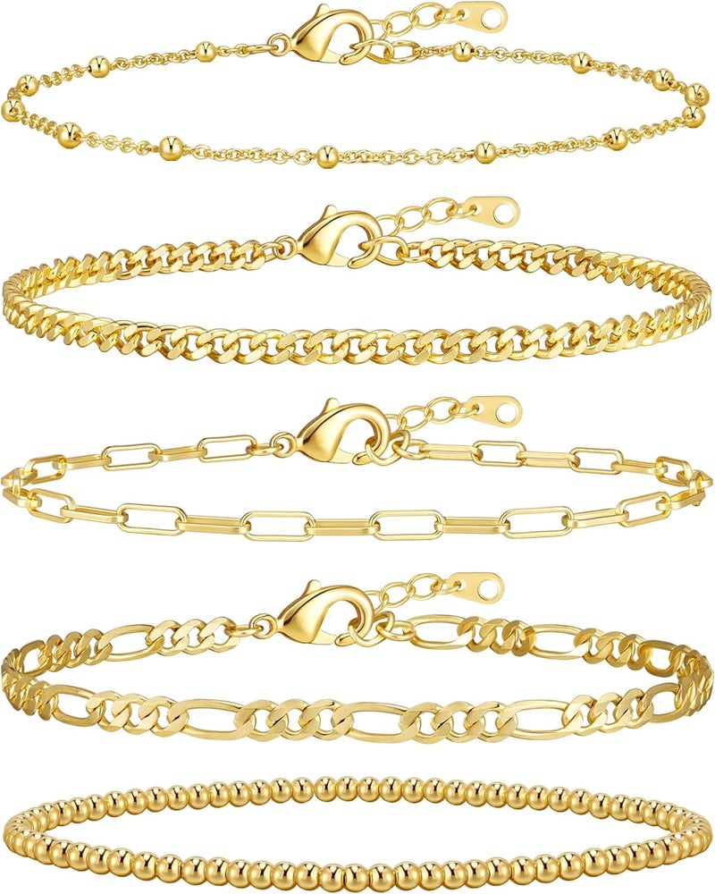 adoyi Gold Bracelets for Women, 14K Gold Plated Stackable Bracelet Stack Set Adjustable Charm Paperclip Chain Cuban Link Layered Waterproof Jewelry Sets Gifts for Womens 6.0/6.8/7.2" - Image 1